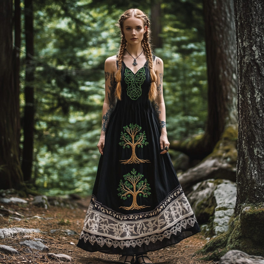 Tribal Celtic Knot Life Of Tree Lace Patchwork Art Linen Tank Dress