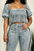 Women's Fashion Puff-Sleeve Fringe Denim Top or Jeans