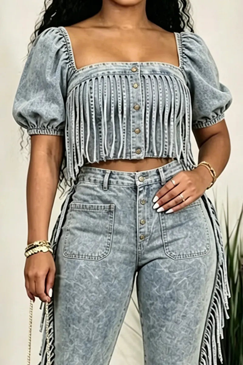 Women's Fashion Puff-Sleeve Fringe Denim Top or Jeans