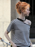 Striped Asymmetric Off Shoulder Knit Tee