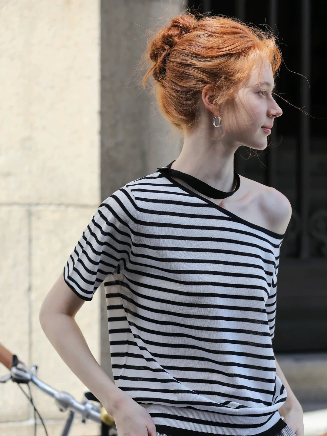 Striped Asymmetric Off Shoulder Knit Tee
