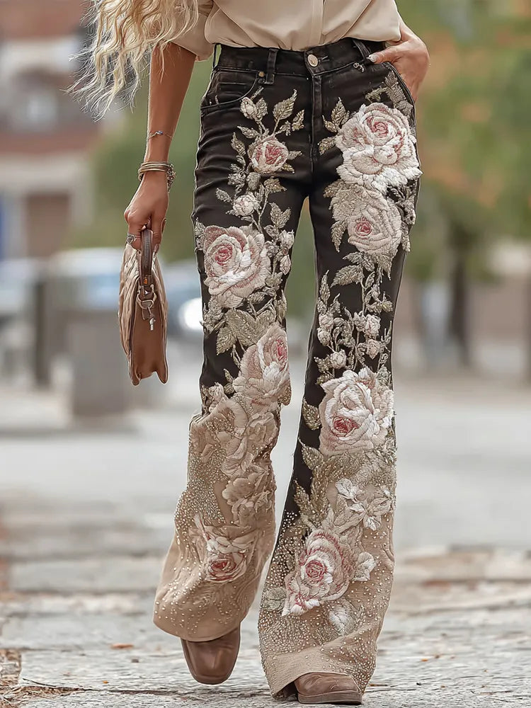 Women's Classic Rose Floral Embroidery Art Loose Jeans