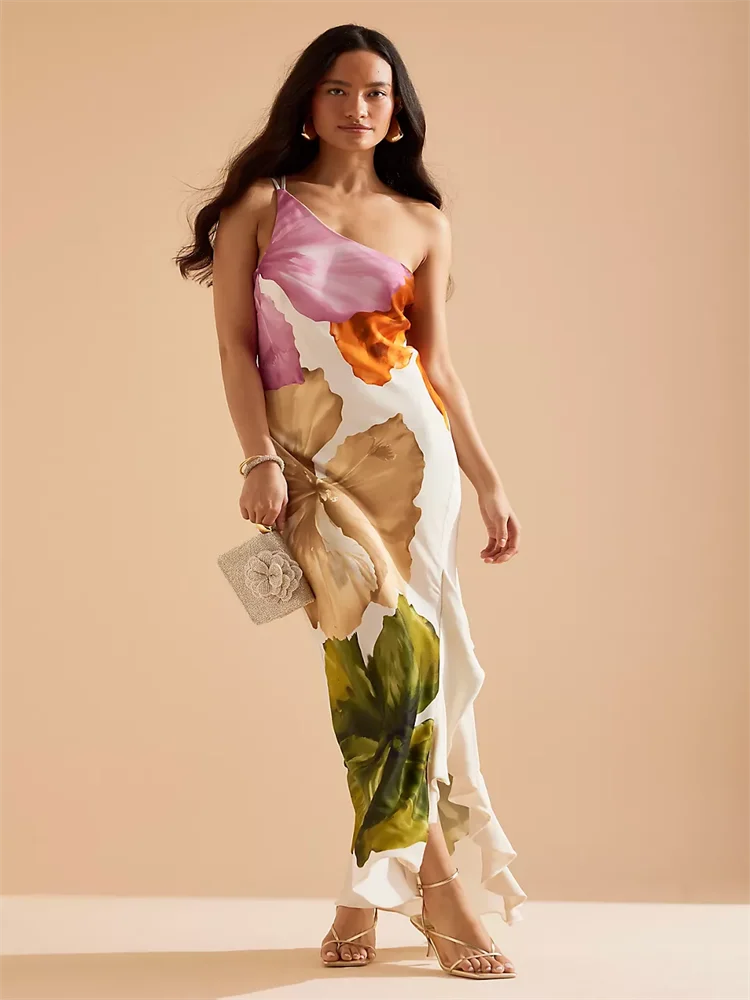 Florenia Asymmetric Floral Midi Dress – Sleeveless Bodycon Ruffle Hem Summer Holiday Dress