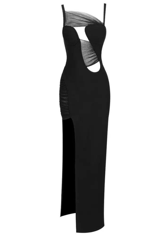 Draped Mesh Maxi Dress Black