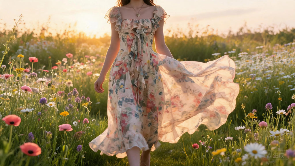 Women's Cream Watercolor Floral Chiffon Maxi Dress Cascading Ruffle Flutter Sleeve Square Neck Boho Gown
