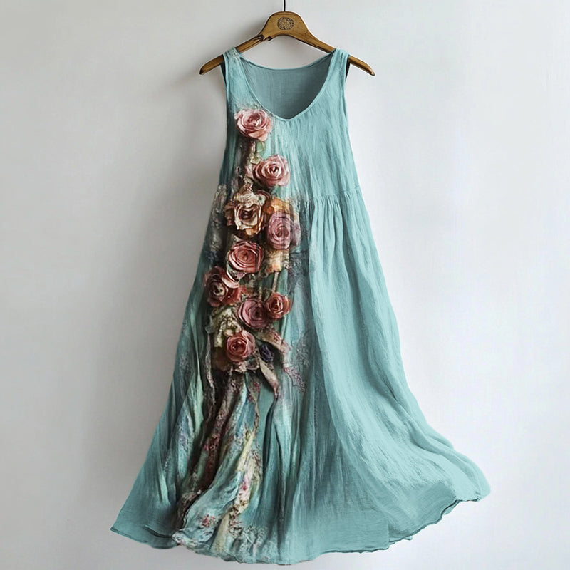 Vintage Roses Floral Flowy Linen Maxi Tank Dress