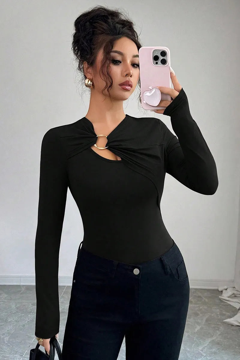 Lady's Asymmetric Hollow-Out Metal Decoration Top