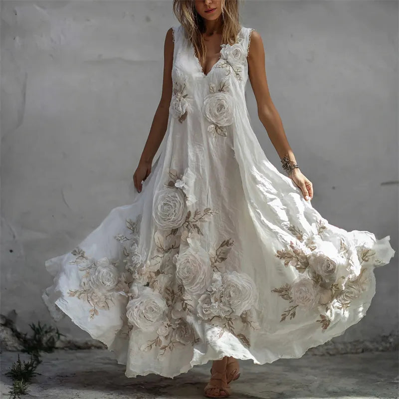 Vintage White Roses Fiber Art Flowy Linen Maxi Dress