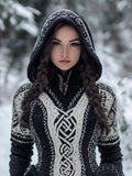 Women's Celtic Knot Jacquard Contrast Color Knit Hooded Sweater