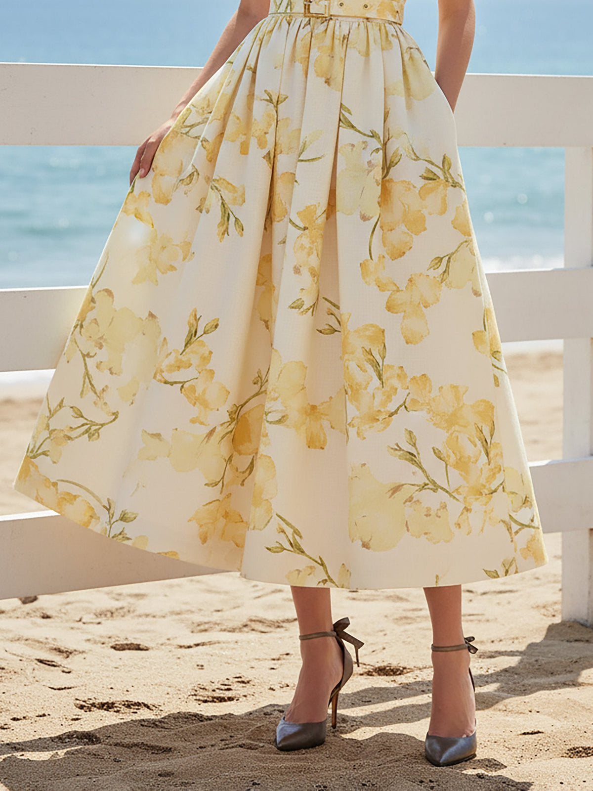 Midi Linen Dress, Short Sleeves, V Neck, Floral, Belt Design, Vintage, Yellow