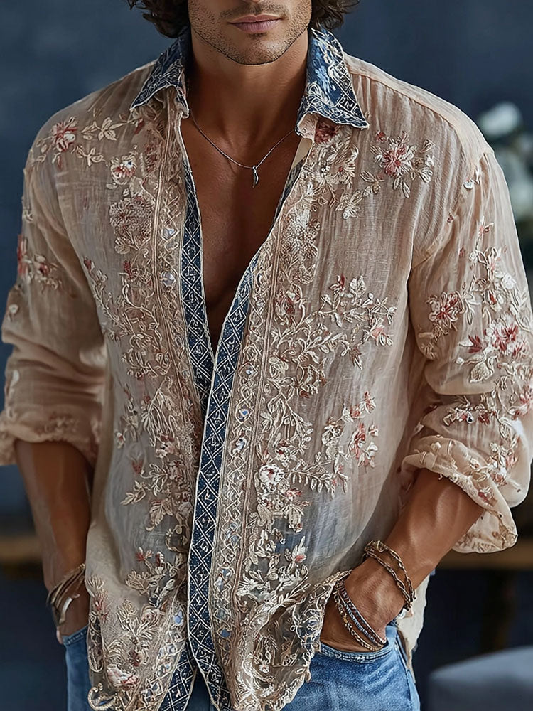 Men's Retro Floral Art Print Flowy Linen Blend Casual Shirt