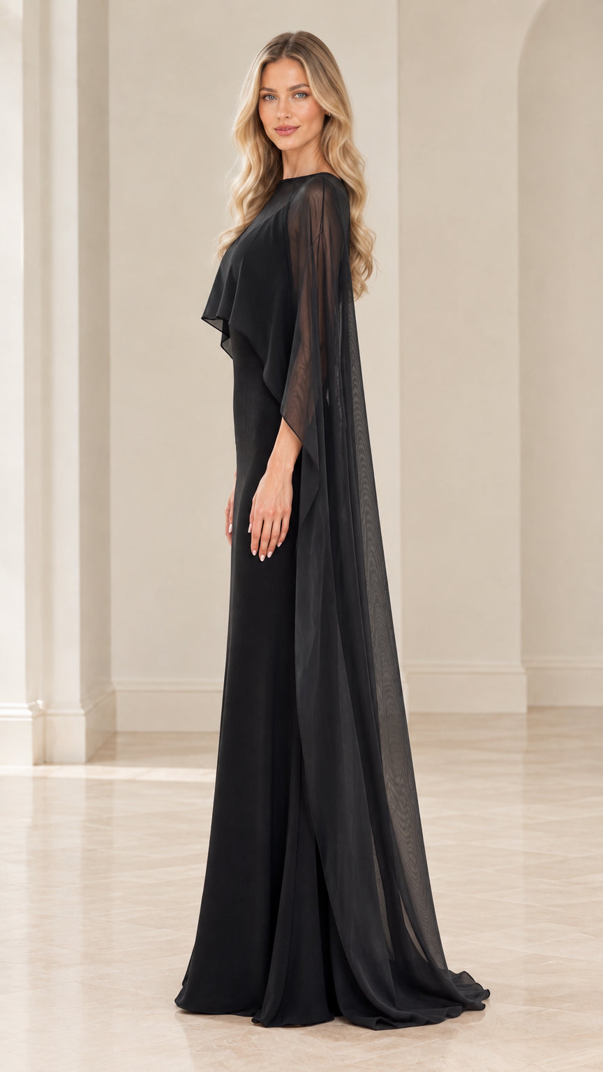 Sheer Cape Overlay Evening Maxi Dress with Sweetheart Bodice