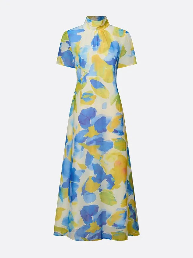 Vacation Floral Printing Mock Neck Maxi Dress