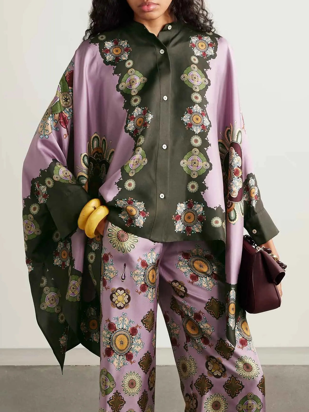 Retro Fine Satin Floral Print Cape Shirt