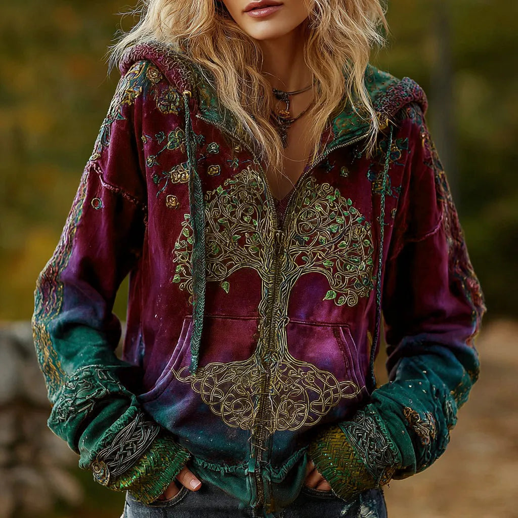 Women's Vintage Viking Tree Of Life Cozy Warm Zip Hoodie Cardigan