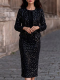 Sequin Tweed Cropped Jacket Midi Skirt Two-Piece Set