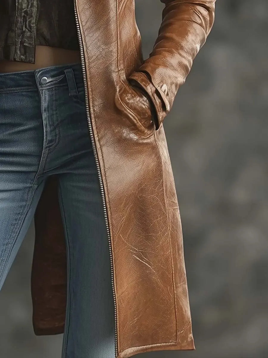 Women's Vintage Contrast Zipper Faux Leather Jacket
