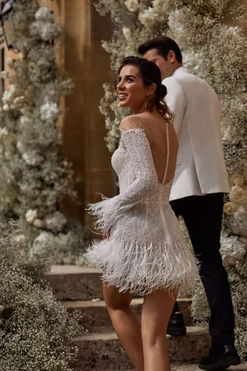 Beaded and sparkly feather mini dress. Custom short wedding dress, tailored to bride's measurements.
