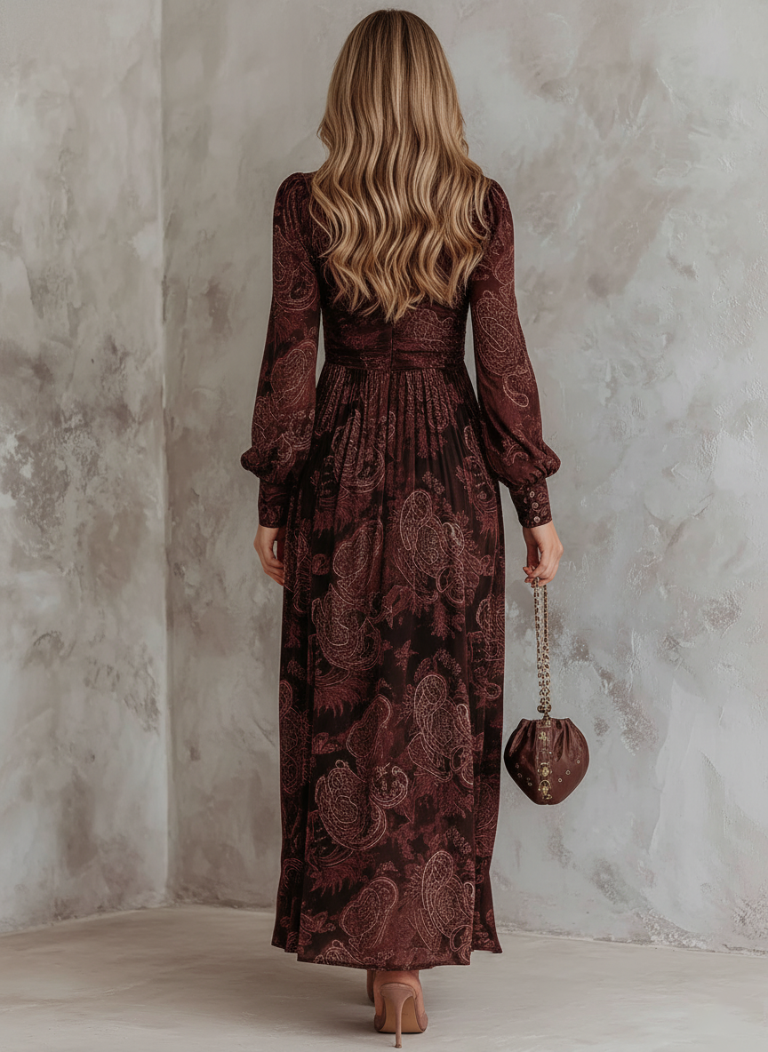 Retro Zipper Neck Long Sleeve Paisley Print Midi Dress