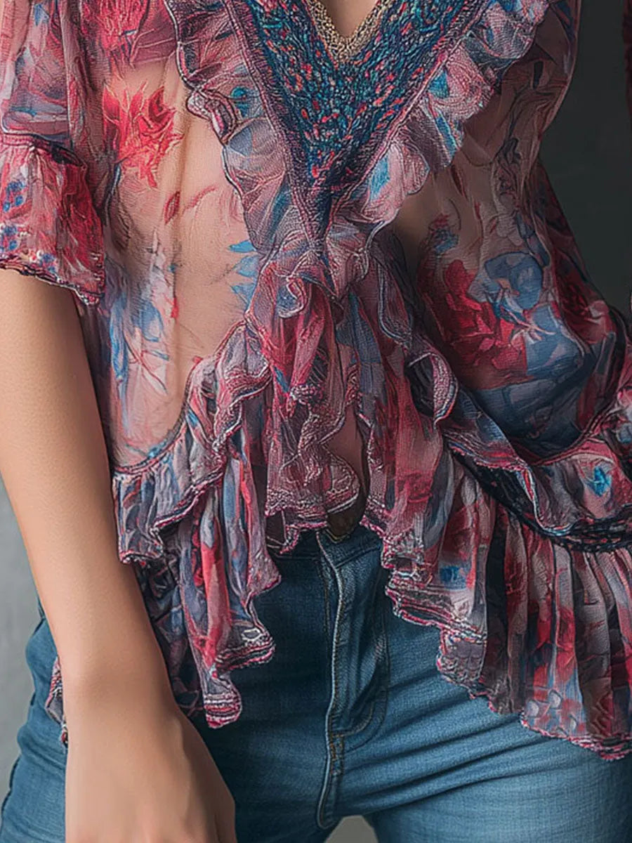 Boho Romantic V-Neck Sheer Floral Print Ruffle Blouse