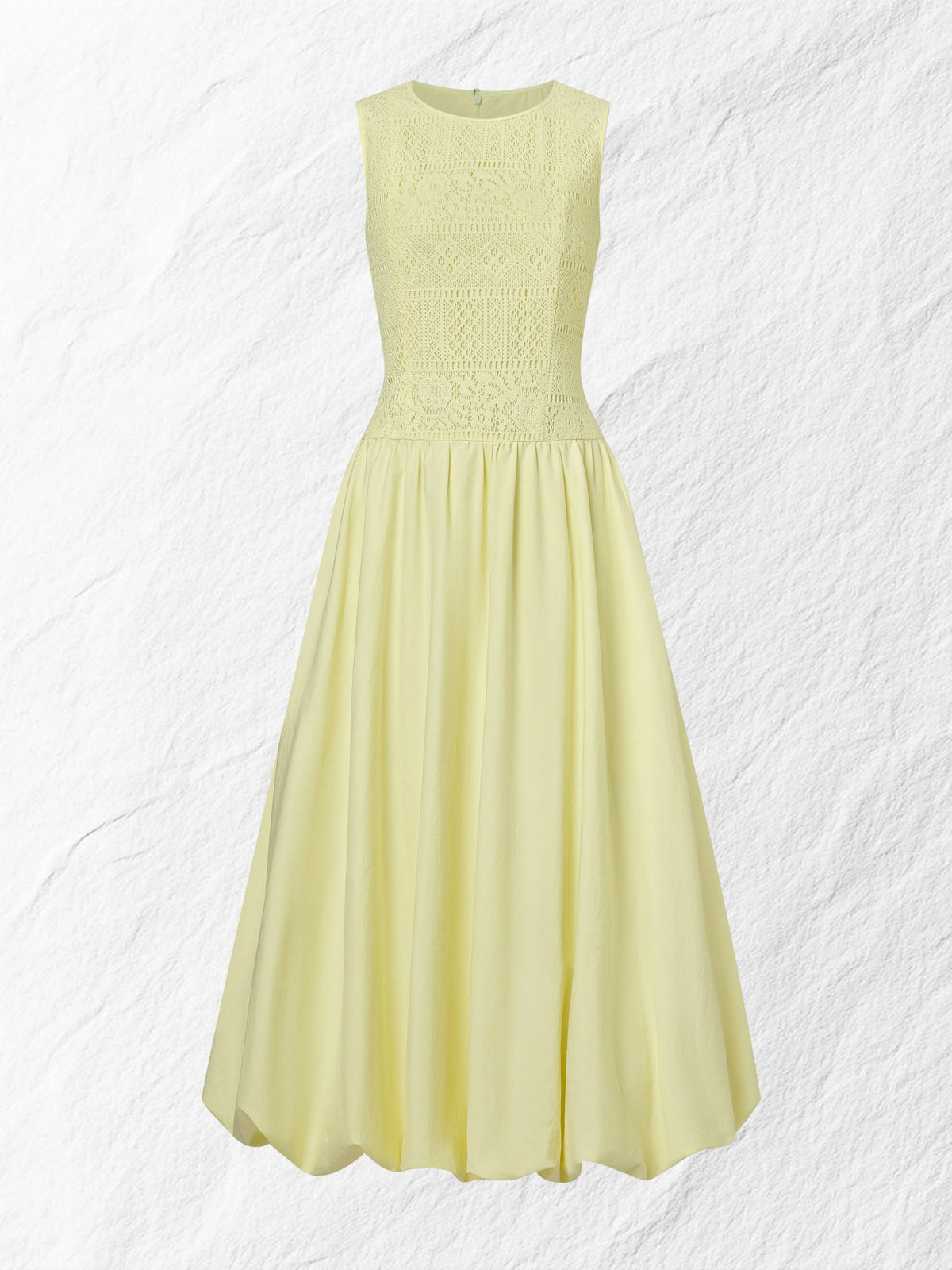 Midi Cotton Dress, Sleeveless, Round Neck, Plain, Lace, French Vintage, Light Yellow