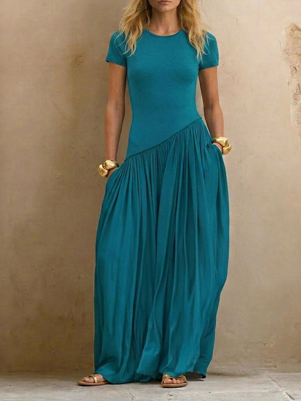 Womenâs Elegant High-elasticity Round-neck Short-sleeve Pleated Patchwork Causal Pocket Maxi Dress