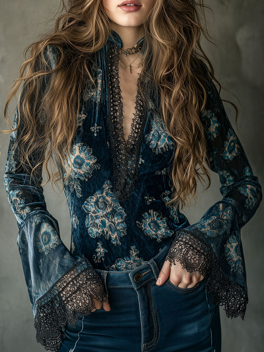 Retro Blue Floral  Velvet Lace Blouse With Bell Sleeves