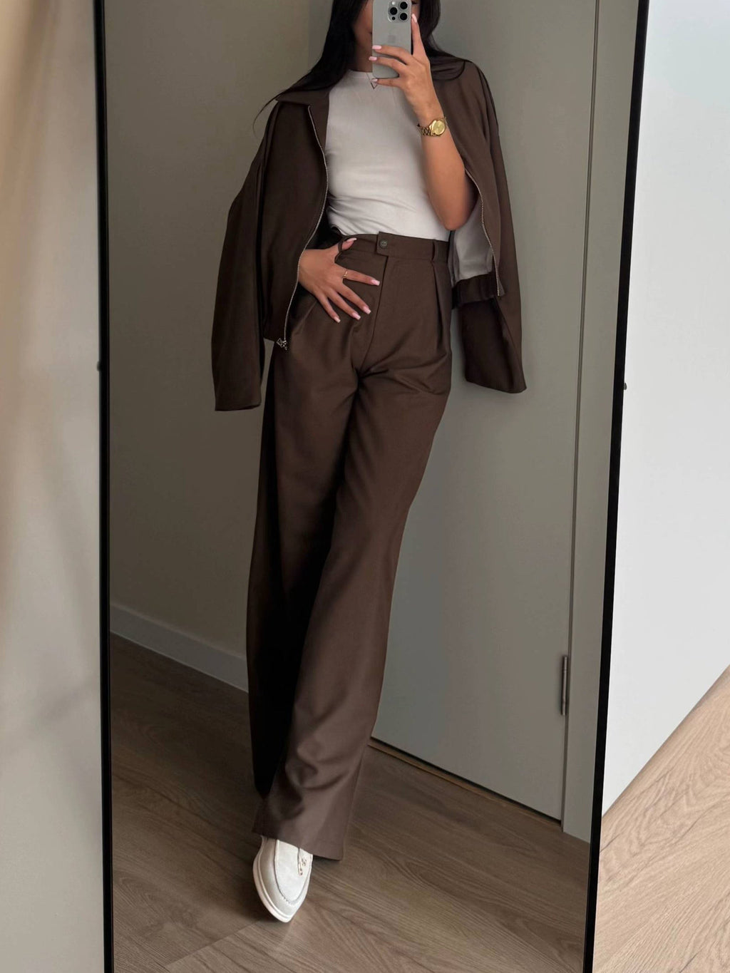 Zippered Jacket And Wide-leg Pants Two-piece Suit