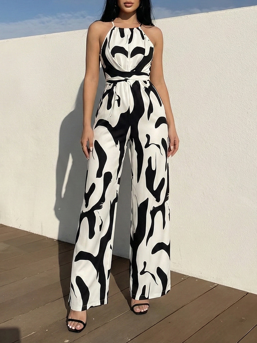 Loose Sleeveless Contrast Color Pleated Spaghetti-Neck Jumpsuits