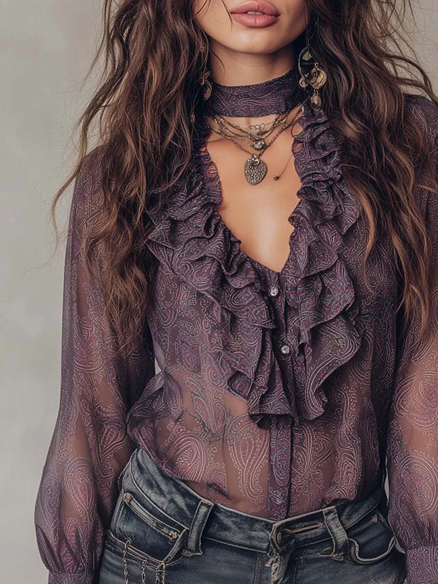 Vintage Paisley Print Ruffled Collar Chiffon Blouse