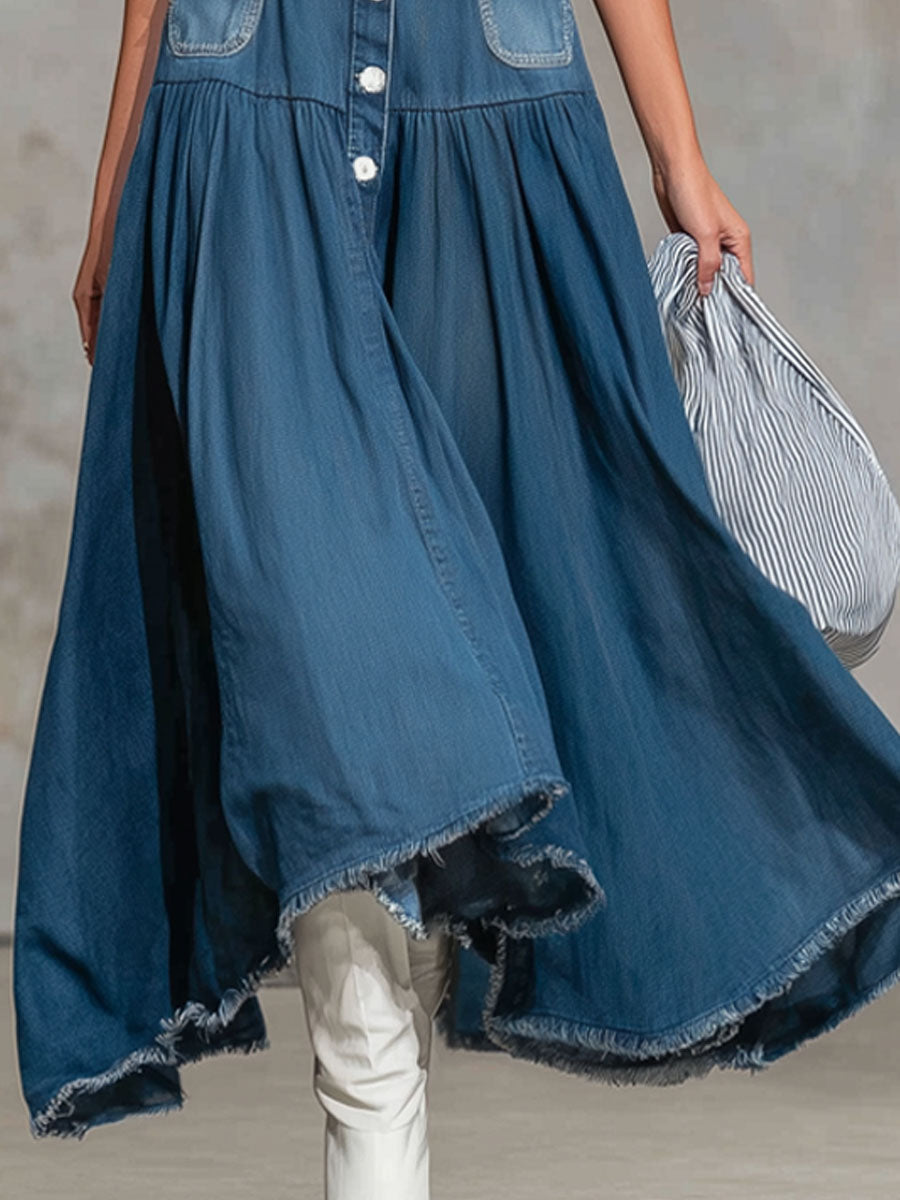 Retro Multi-pocket Square Neck Denim Sleeveless Maxi Dress