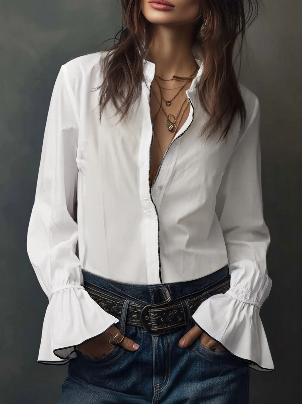 White Zip-Front Blouse With Flounce Cuffs