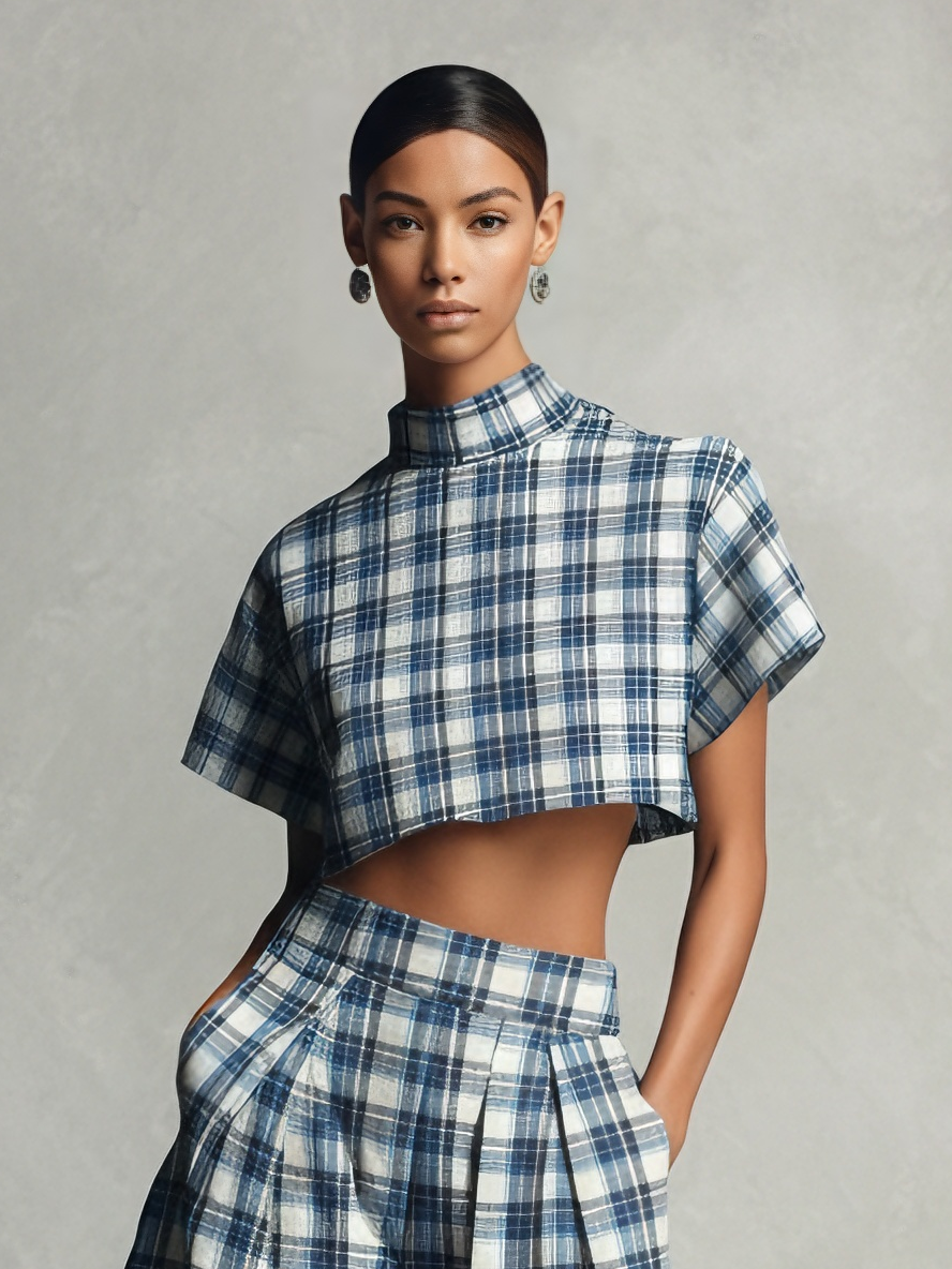 Women's Bold Cotton Blue & White Plaid Turtleneck Cropped Top & Lantern Wide-Leg Pants Set MDA2591L3AU