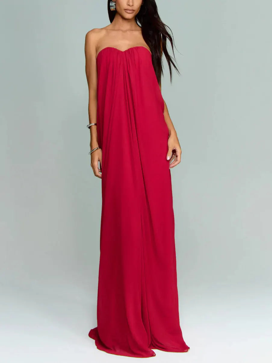 Elegant Strapless A-Line Pleated Maxi Dress