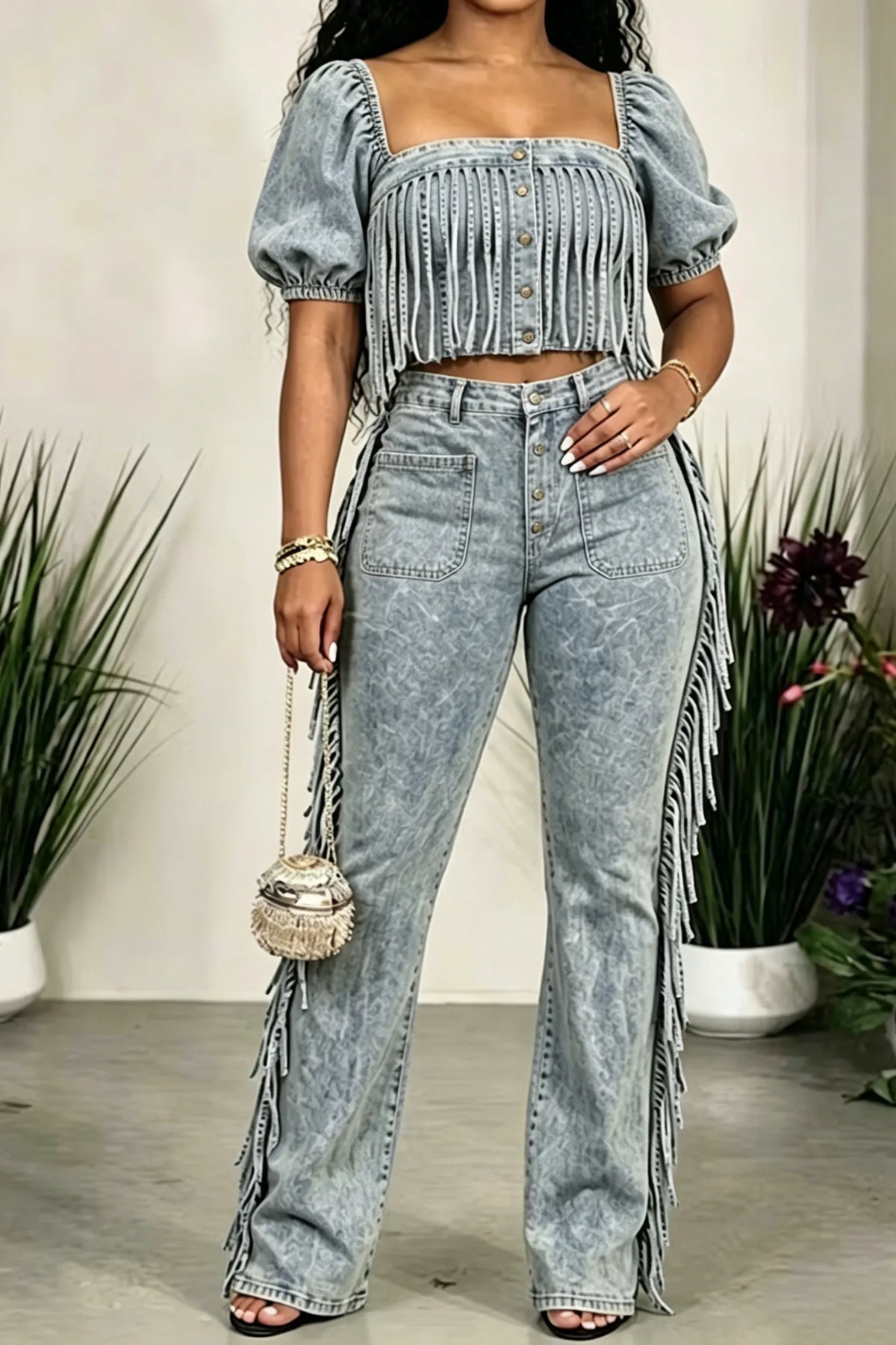 Women's Fashion Puff-Sleeve Fringe Denim Top or Jeans