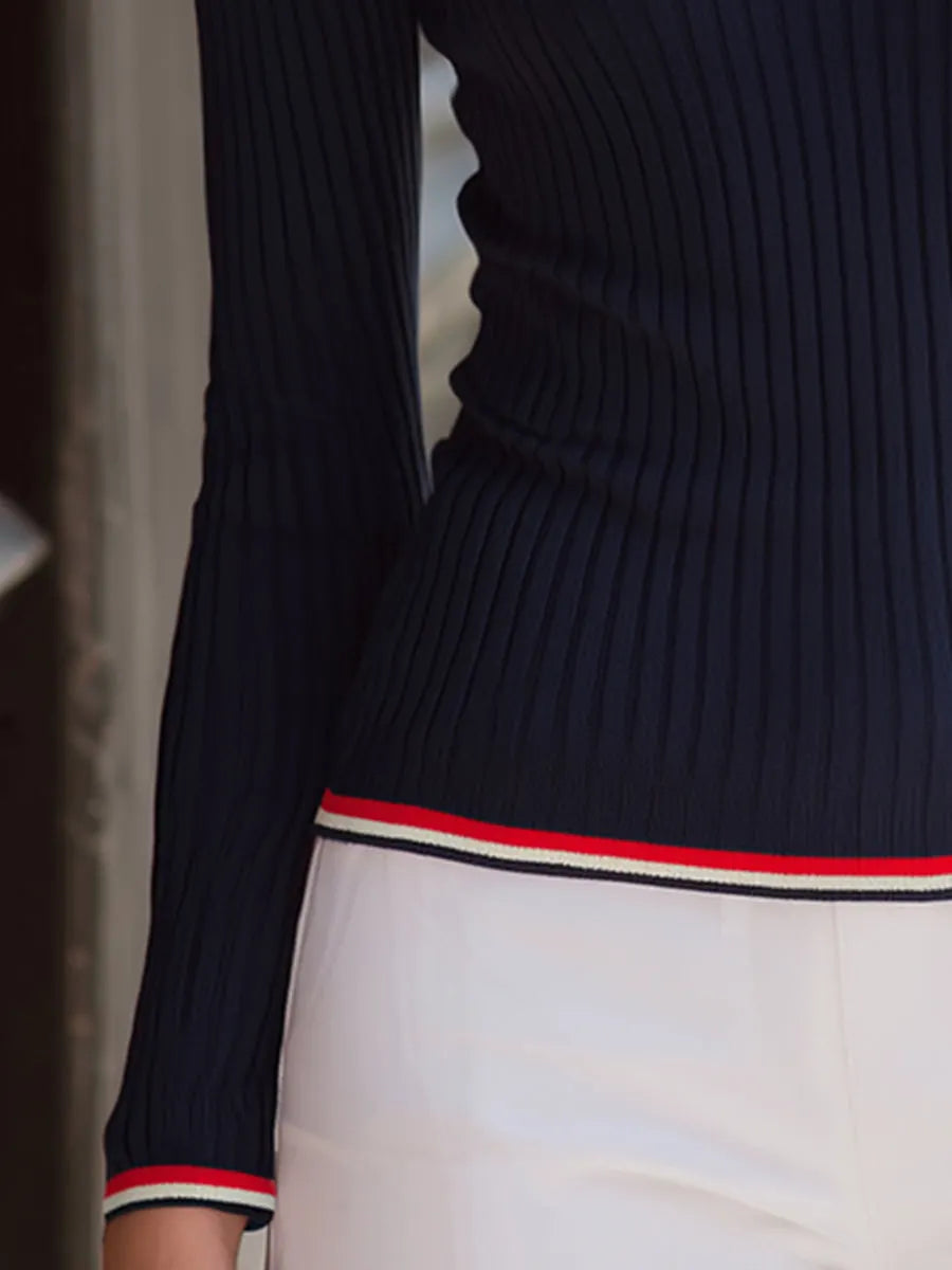 Contrast Striped V-Neck Polo Knit Sweater