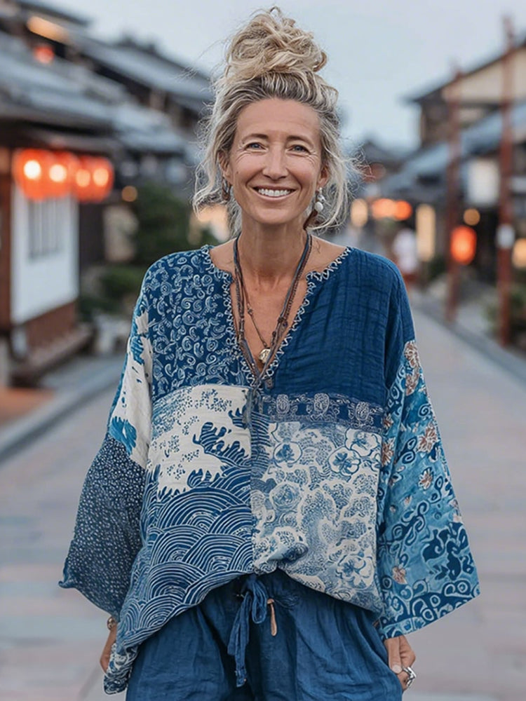 Women's Japanese Style Floral Wave Patchwork Pattern Cozy Top