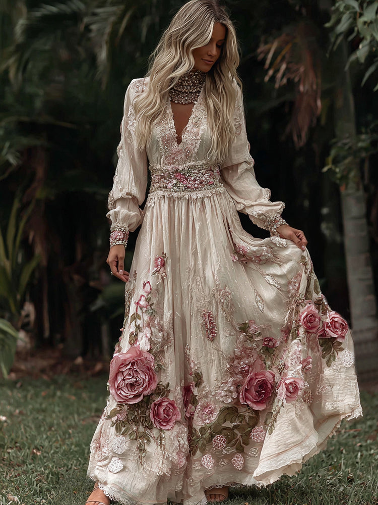 Women's Pink Roses Embroidery Art V-neck Long Sleeves Maxi Dress