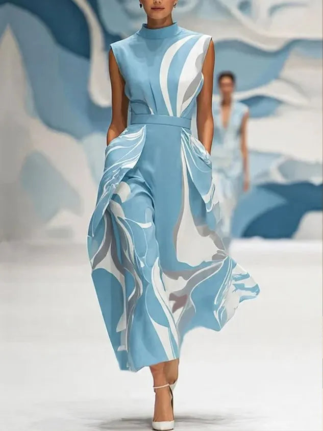 Elegant Abstract Printing Stand Collar Midi Dress