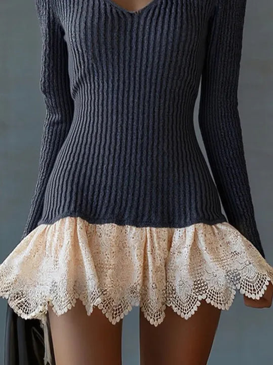Black Chic Knit And Lace Contrast Dress