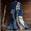 Women's Japanese Geometric Cherry Blossom Embroidery Patchwork Cotton And Linen Dress