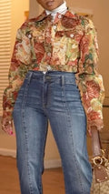 Women Collar Printed Top+ Jeans Casual Suit