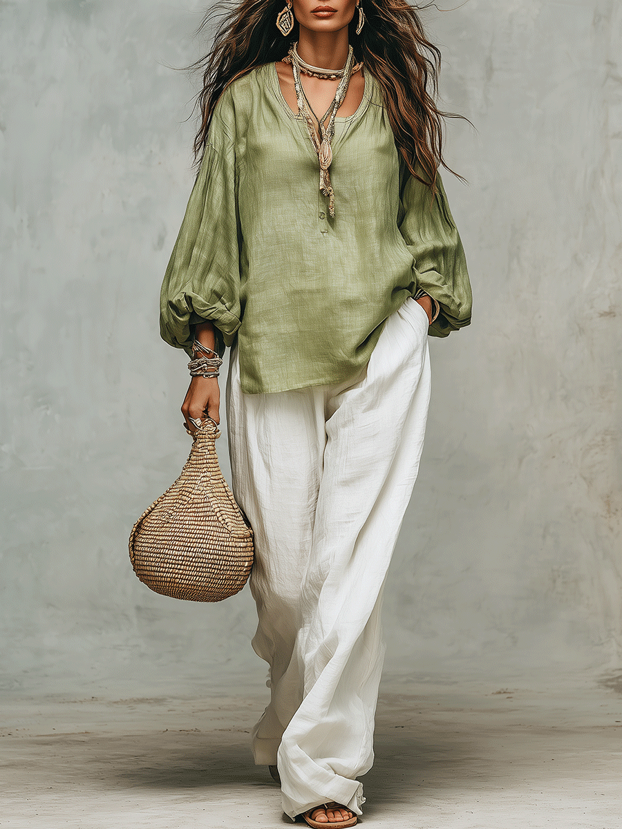 Sage Linen Blouse & Relaxed White Trousers Everyday Escape Set