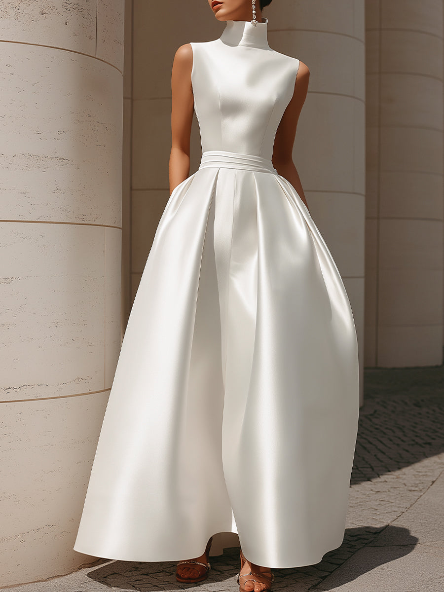 Ethereal High-Neck Sleeveless Satin A-Line Evening Gown