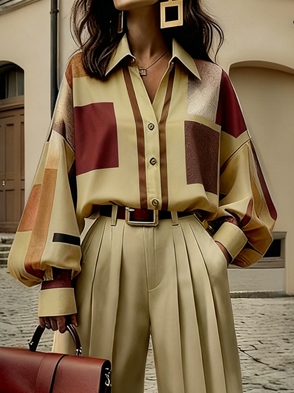 Long Sleeves Loose Buttoned Contrast Color Plaid Lapel Blouses&Shirts Tops