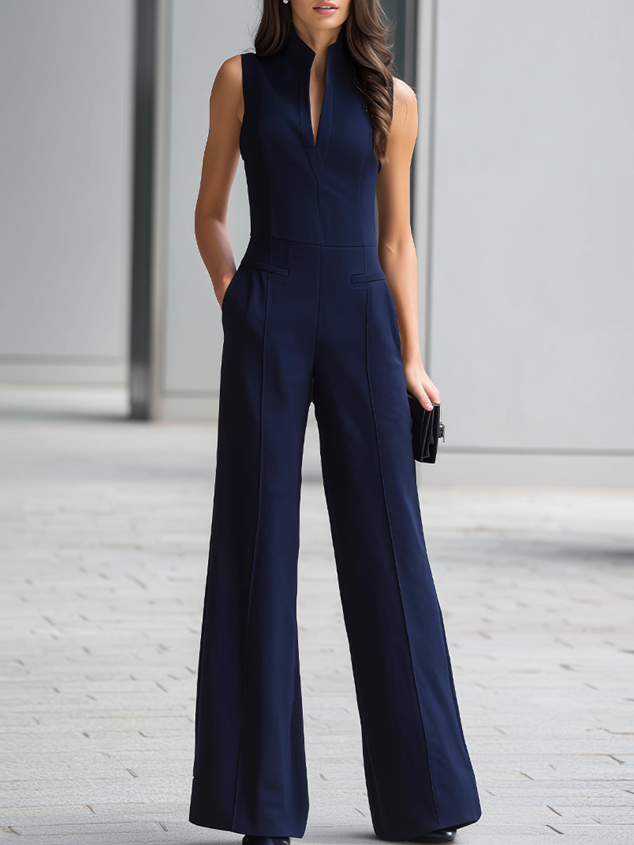 Navy Sleeveless Plunge-Neck Wide-Leg Jumpsuit