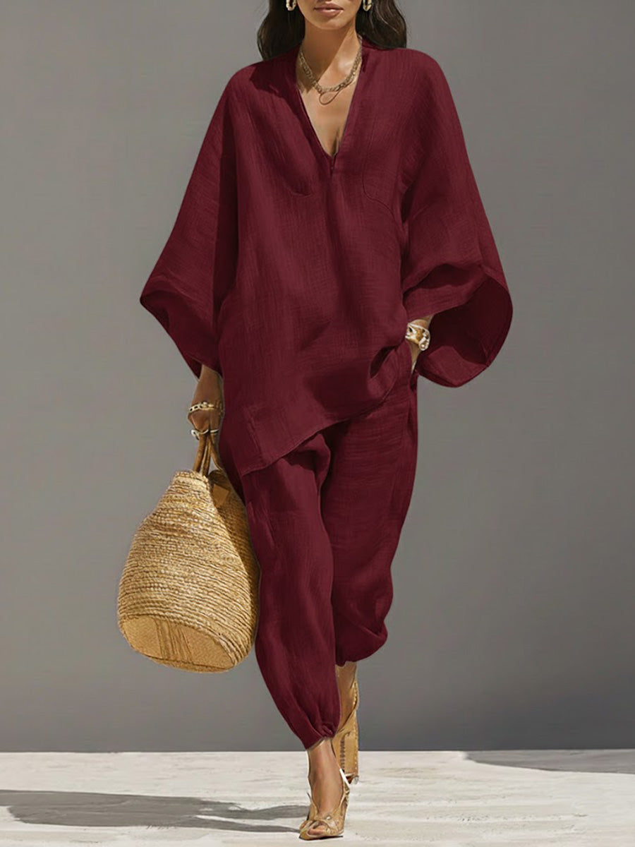 Women's Solid Color V-neck Long Sleeve Casual Loose Cotton Linen Top With Elastic Waist And Wide-leg Pants Set