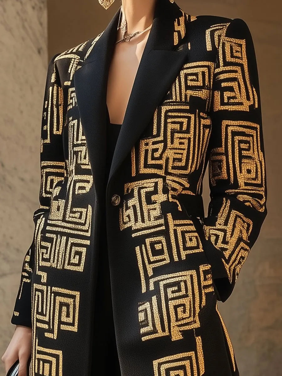 Luxurious Black Coat with Bold Gold Geometric Patterns