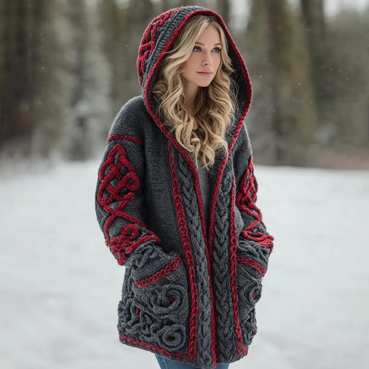 Women's Viking Celtic Knot Art Warm Knit Hooded Jacket