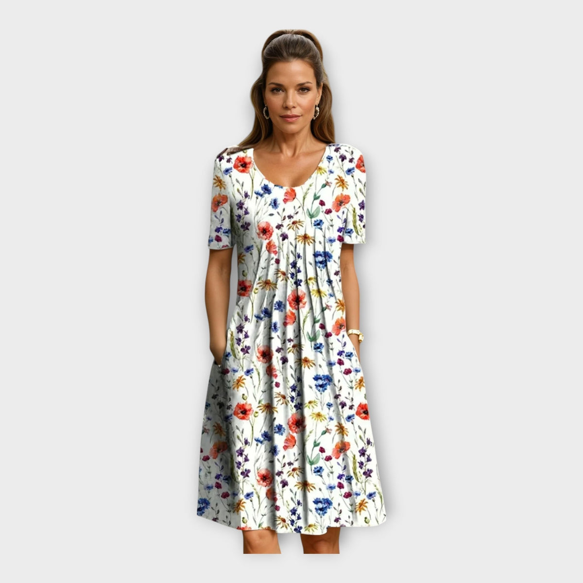 Dress with Floral Design and Short Sleeves